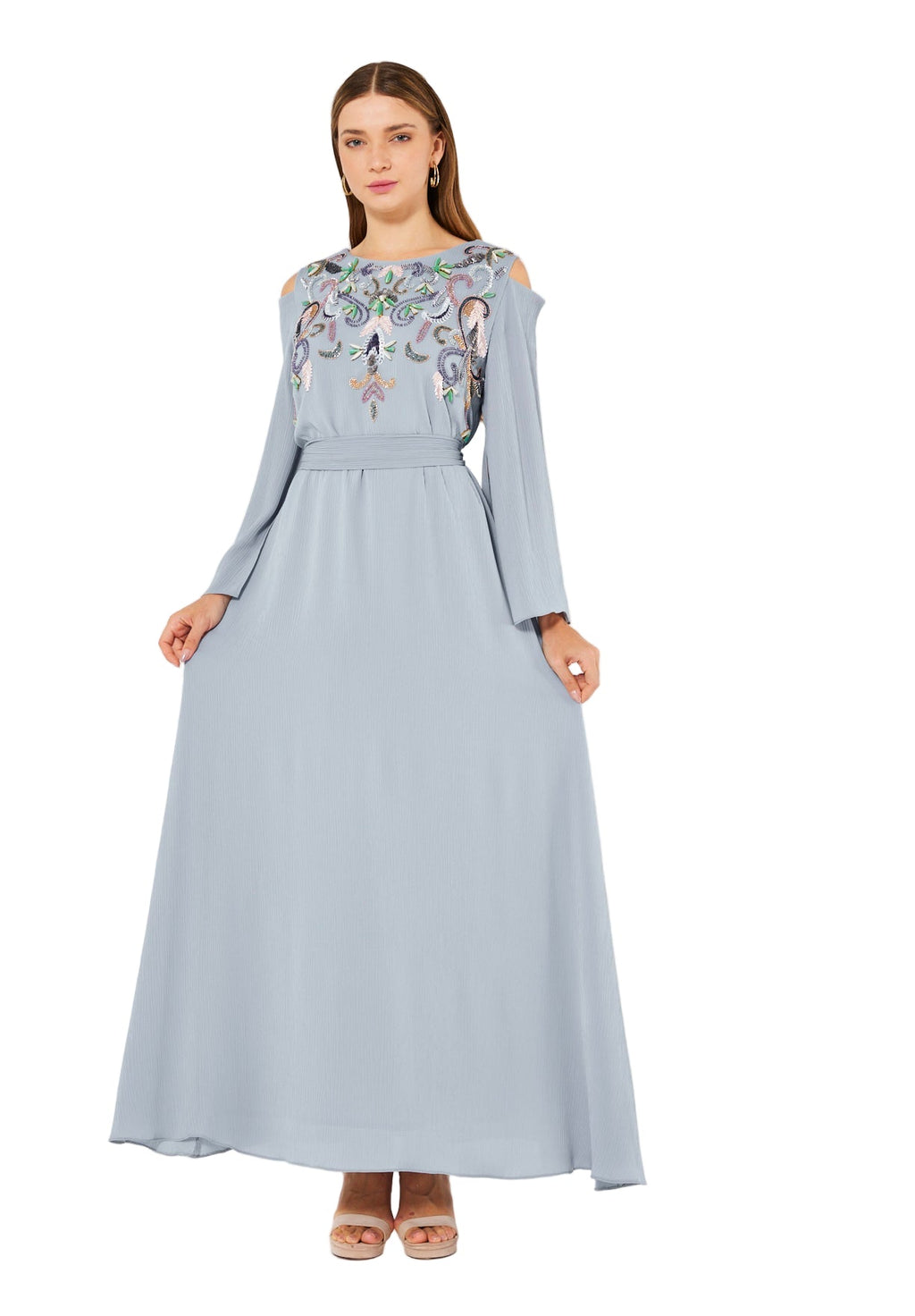 Multicolored Embellished Cold Shoulder Dress in Crinkle Chiffon