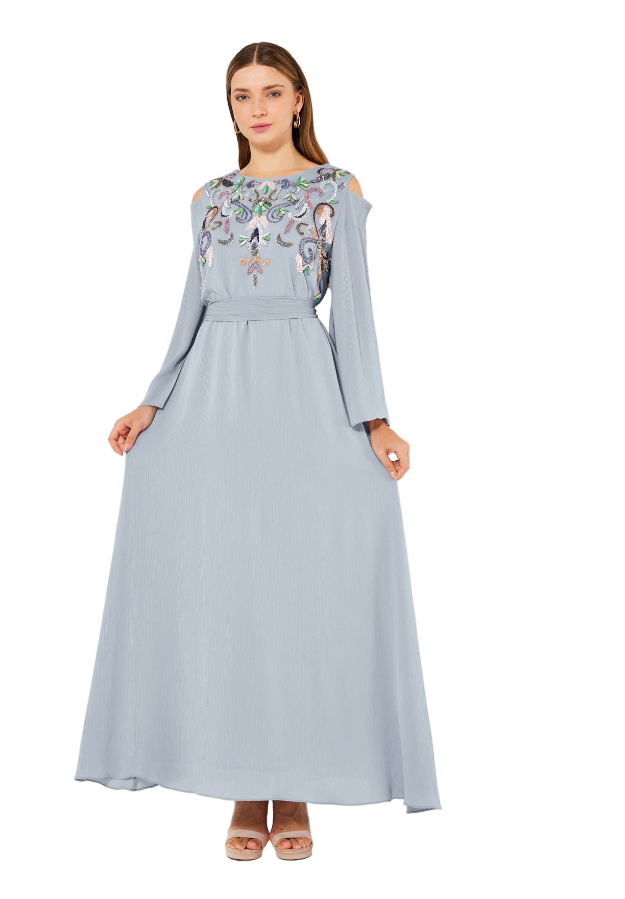 Multicolored Embellished Cold Shoulder Dress in Crinkle Chiffon