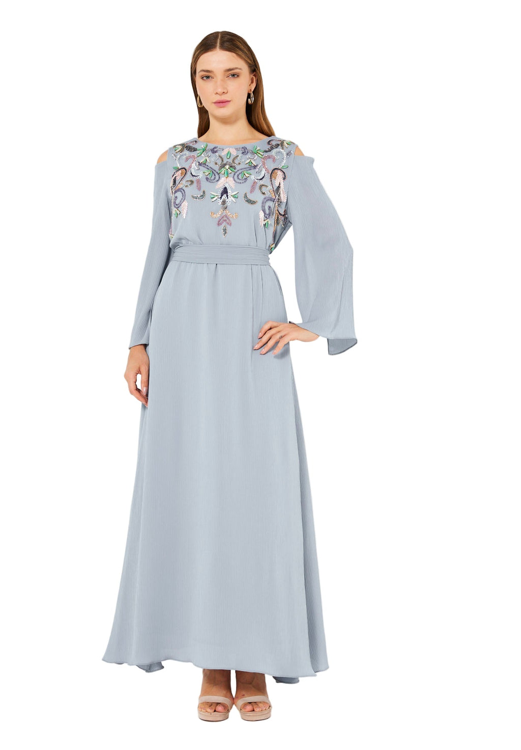 Multicolored Embellished Cold Shoulder Dress in Crinkle Chiffon
