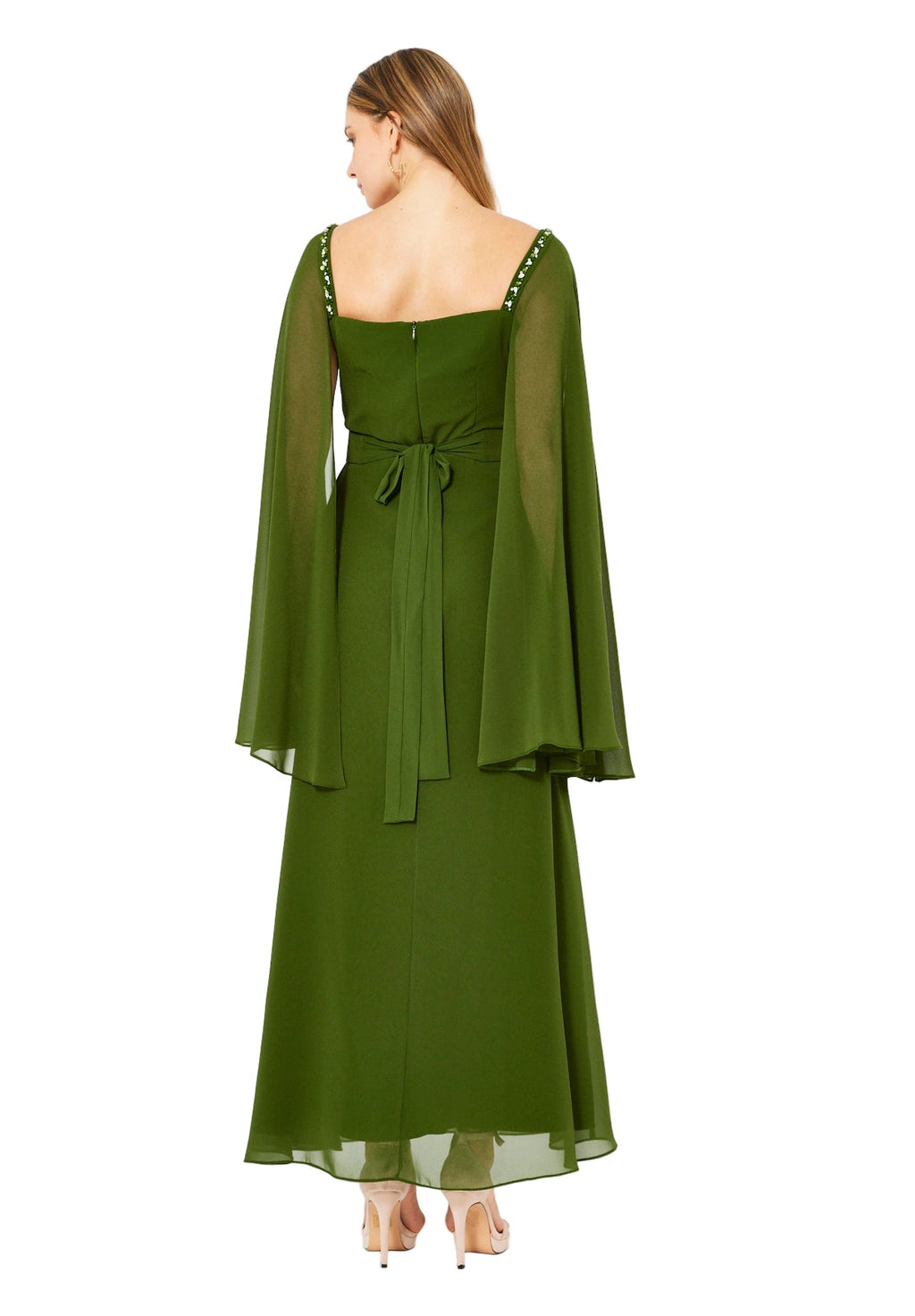 Beads Embellished Cape Sleeves Gown