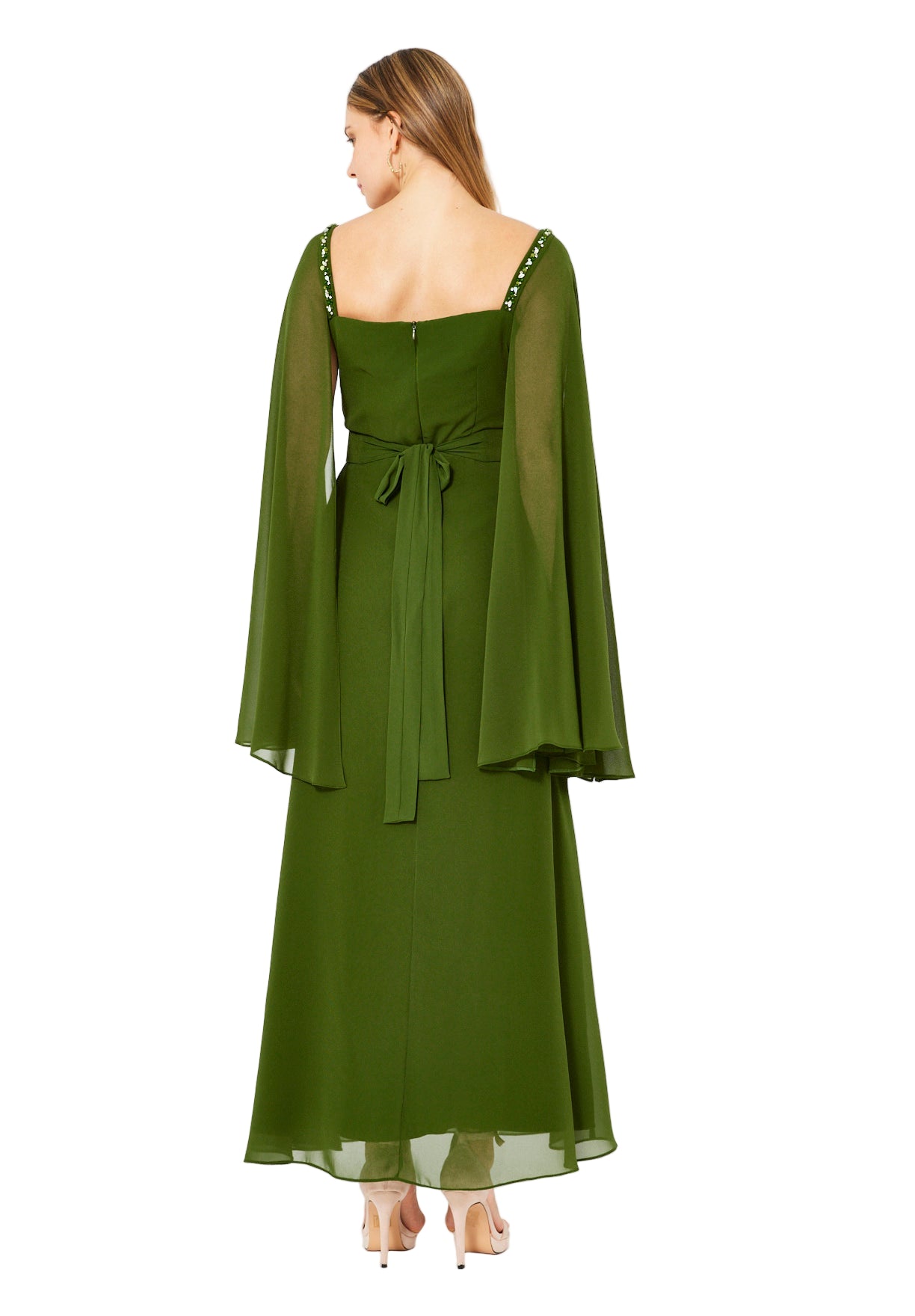 Beads Embellished Cape Sleeves Gown