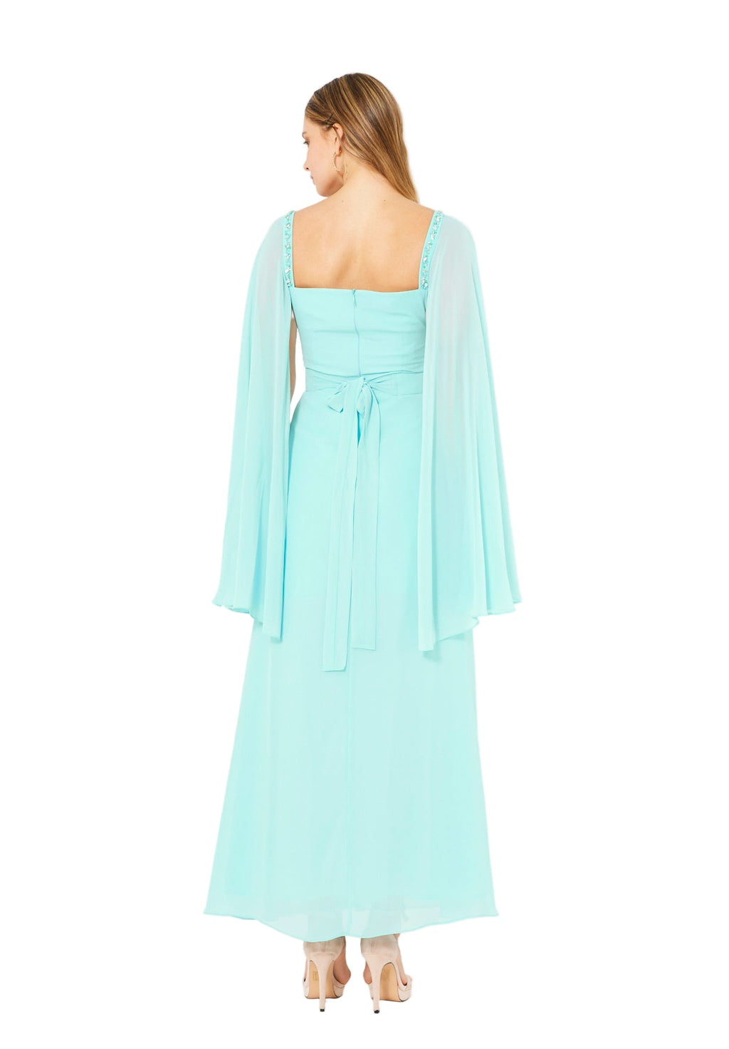 Beads Embellished Cape Sleeves Gown