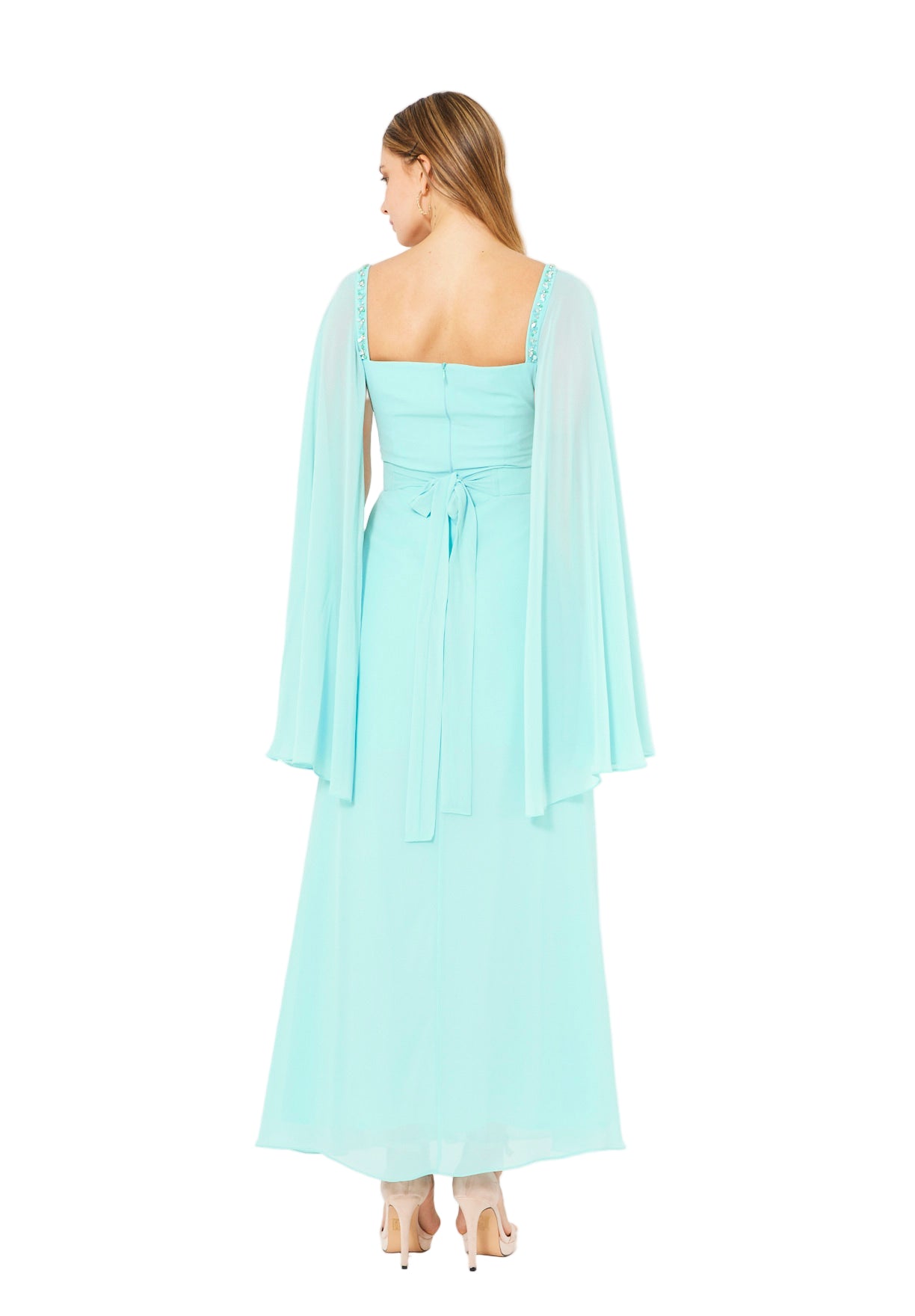 Beads Embellished Cape Sleeves Gown