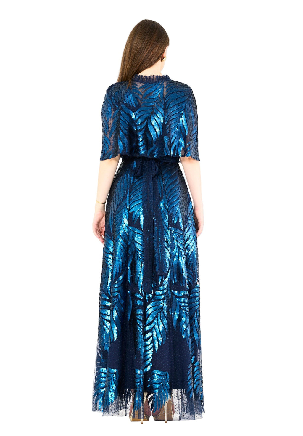 Sequined Leaf Gown with Sheer Cape Overlay