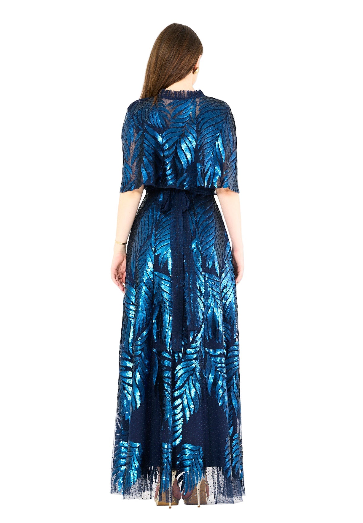 Sequined Leaf Gown with Sheer Cape Overlay