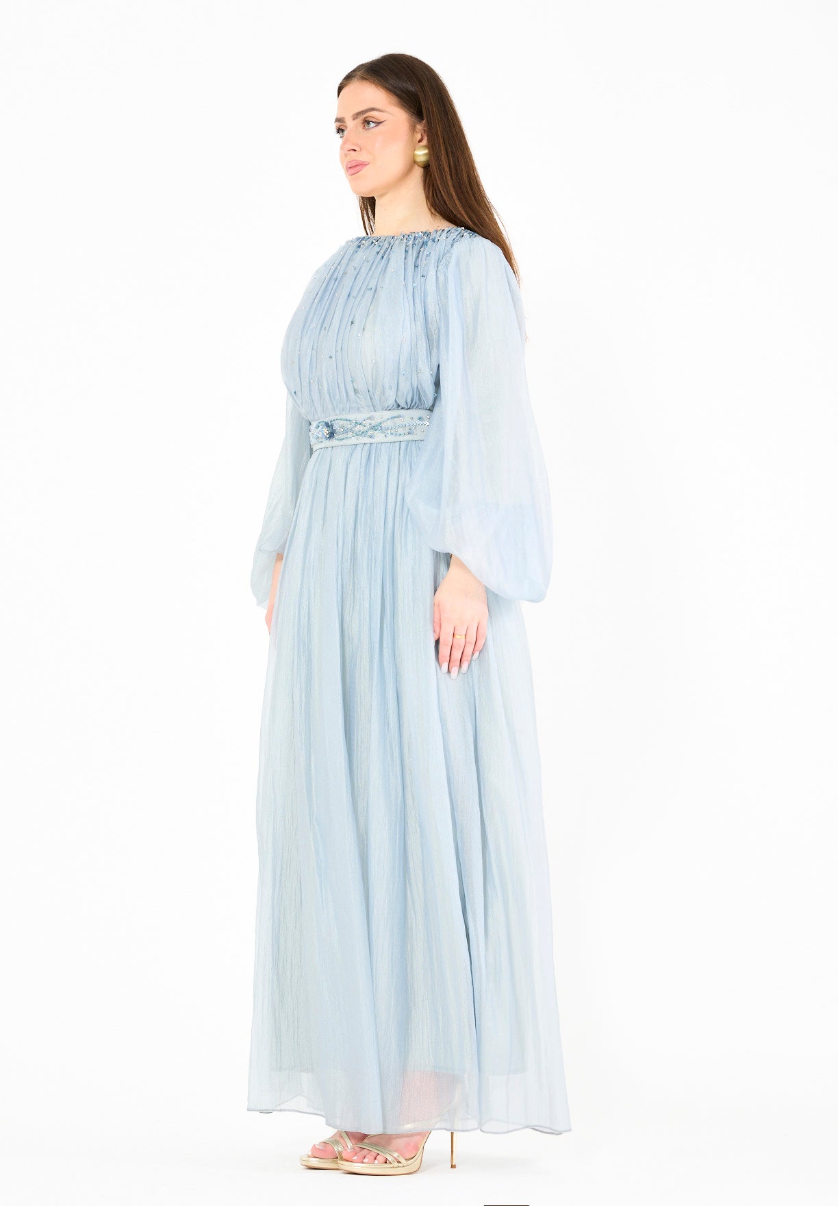 Ethereal Hand-Pleated Flowy Dress with Embellishments