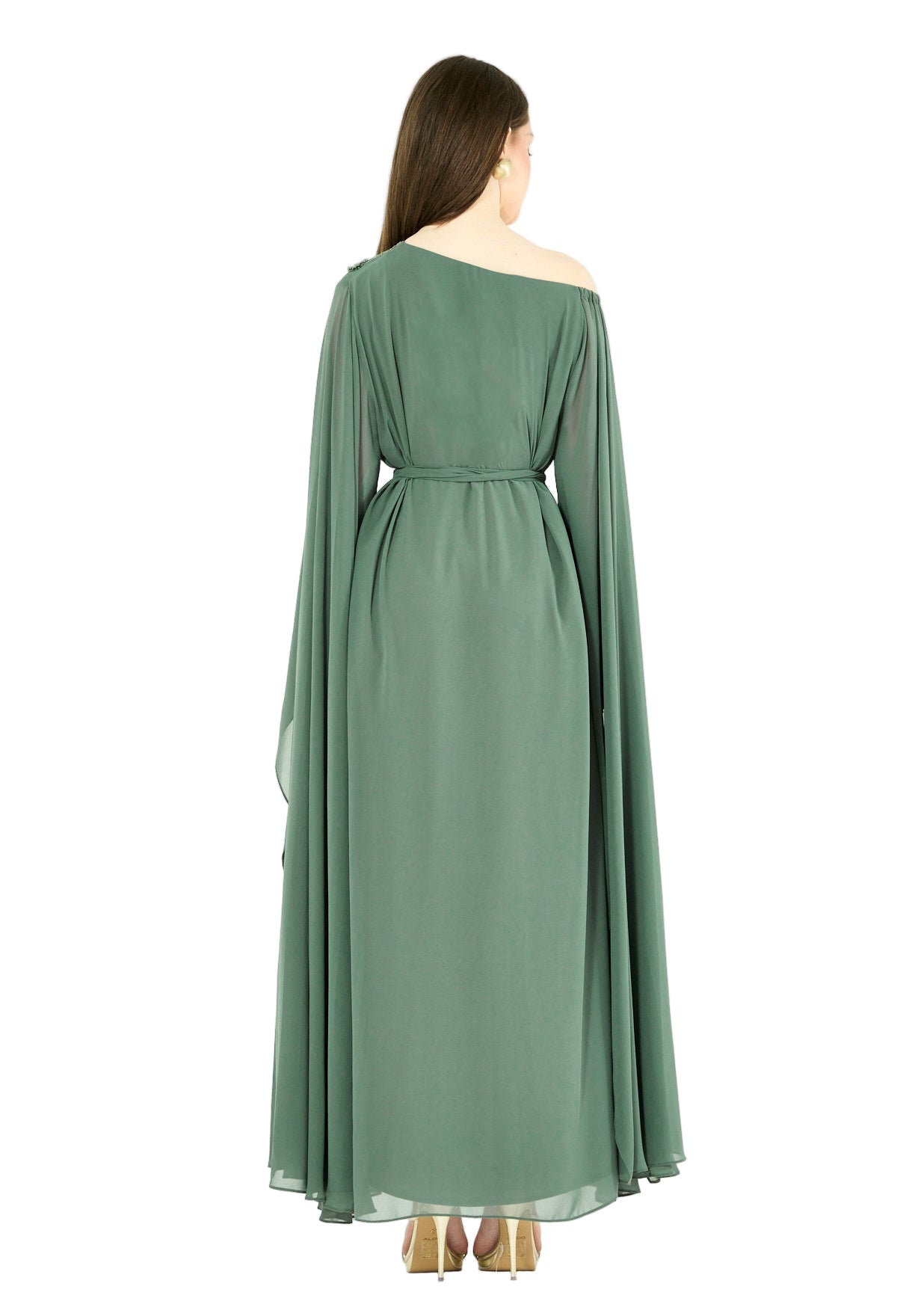 Swirl-Patterned Embellished One-Shoulder Gown