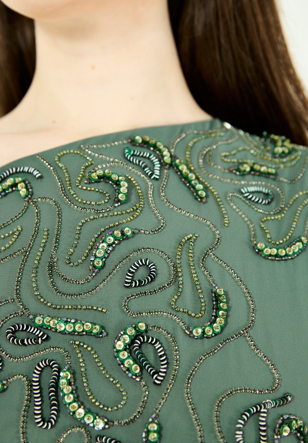 Swirl-Patterned Embellished One-Shoulder Gown