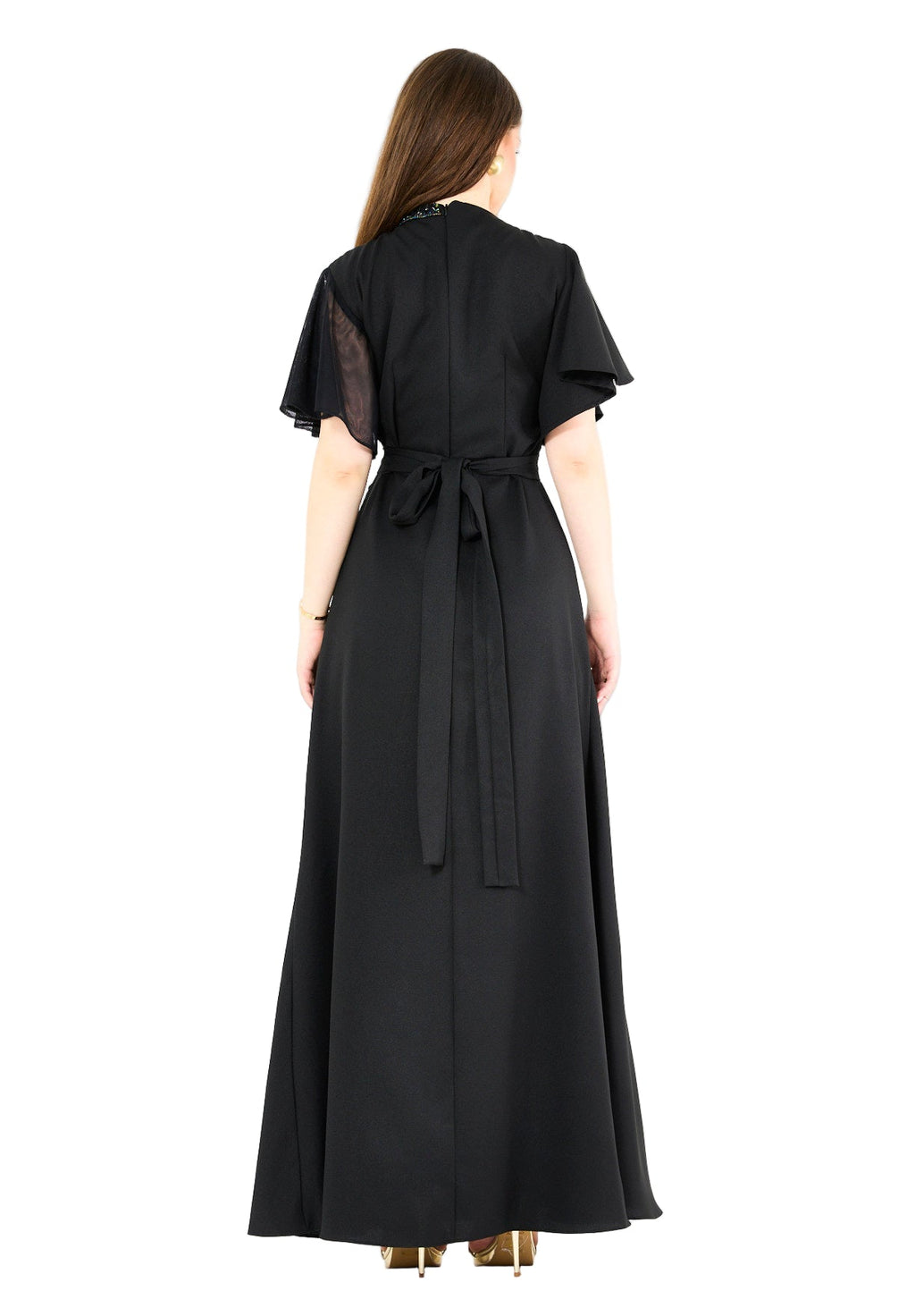 Asymmetrical Sheer Panel Embellished Formal Gown
