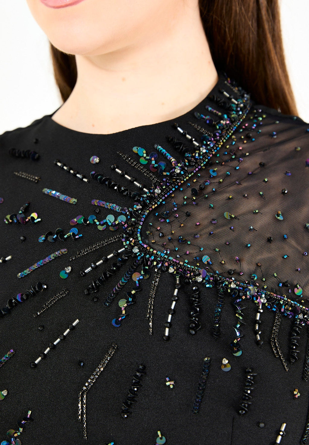 Asymmetrical Sheer Panel Embellished Formal Gown