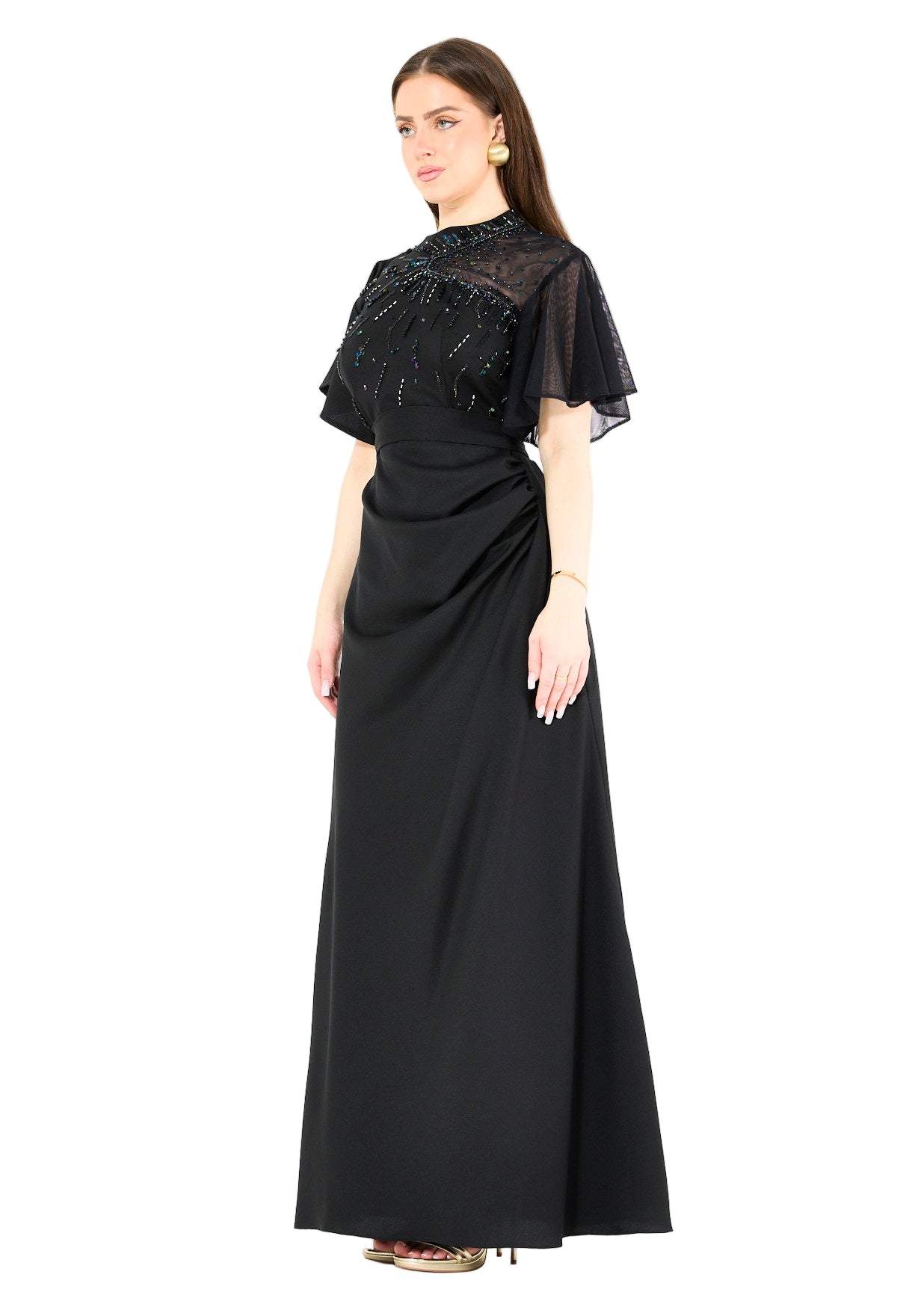 Asymmetrical Sheer Panel Embellished Formal Gown