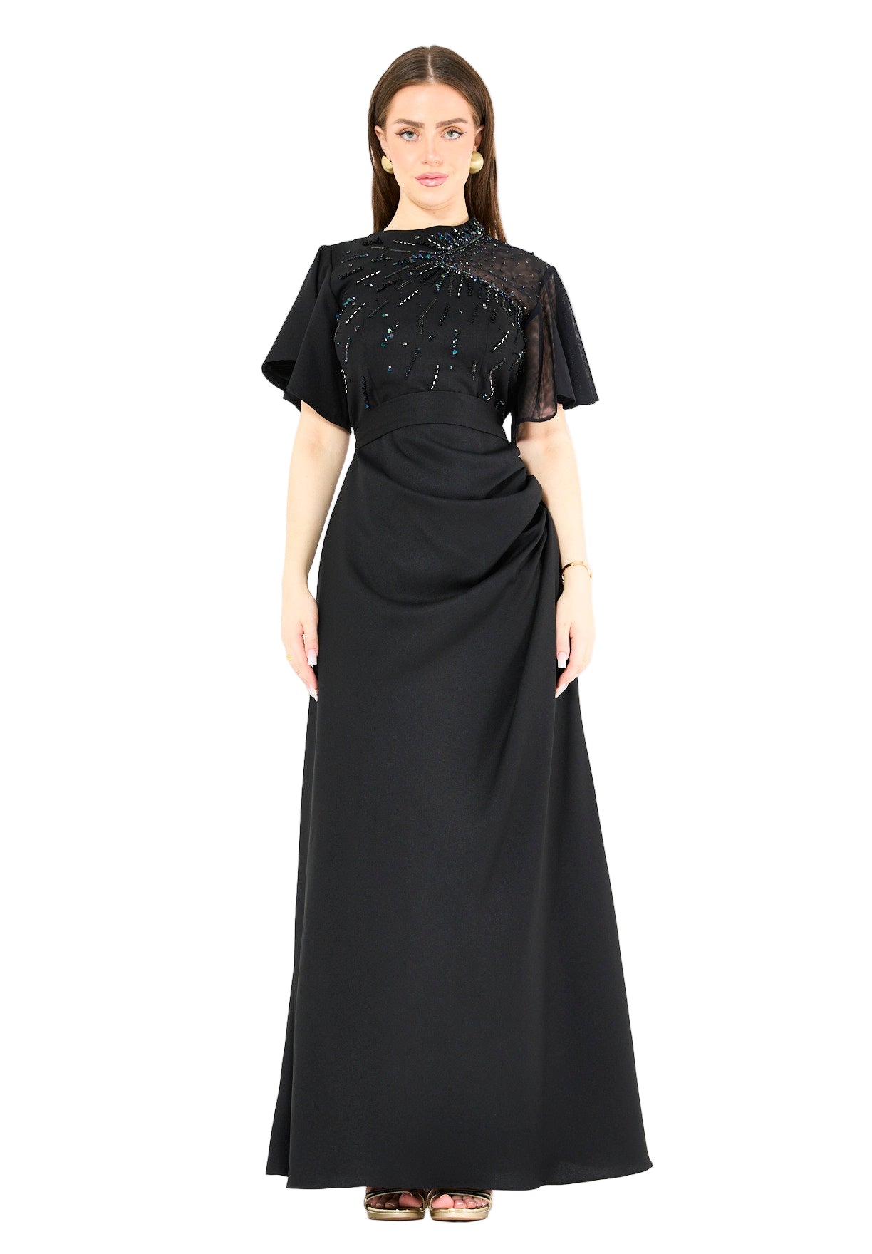 Asymmetrical Sheer Panel Embellished Formal Gown