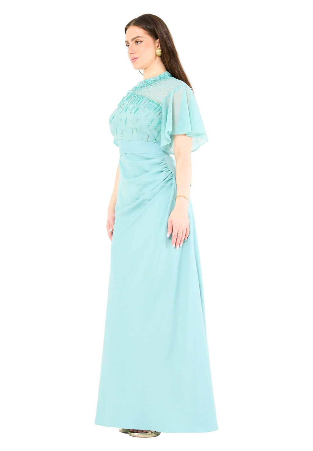 Asymmetrical Sheer Panel Embellished Formal Gown