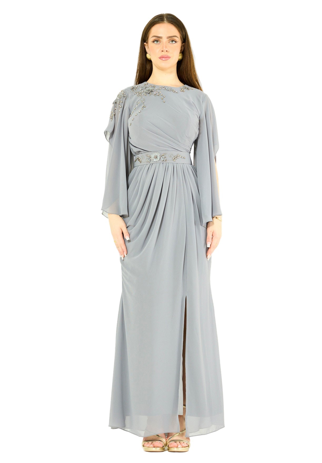 Elegant Draped Gown with Embellished Details