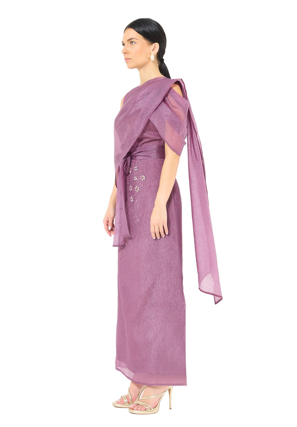 Embellished Drape Overlay Gown