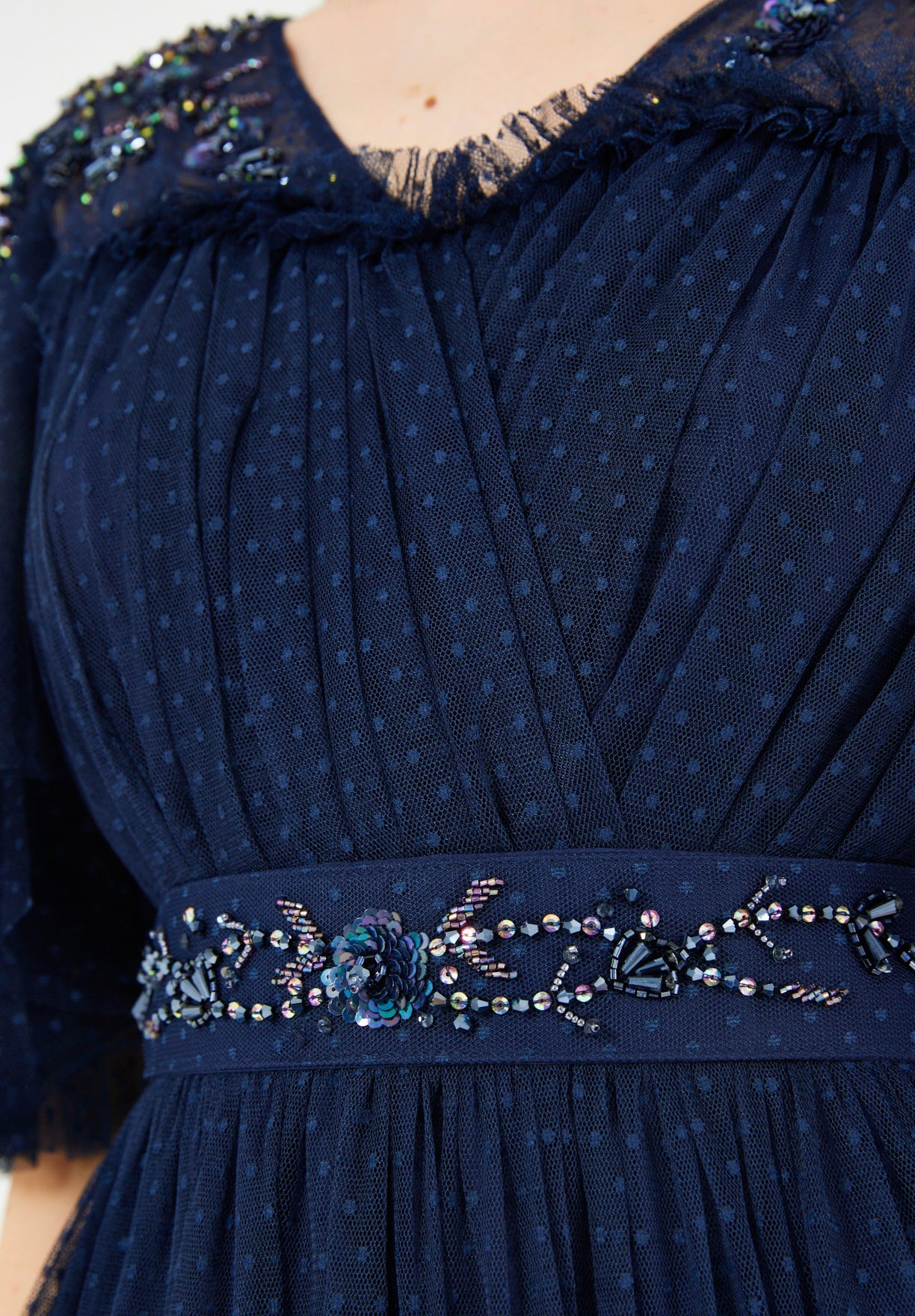 Textured Tulle Gown with Embroidered Accents