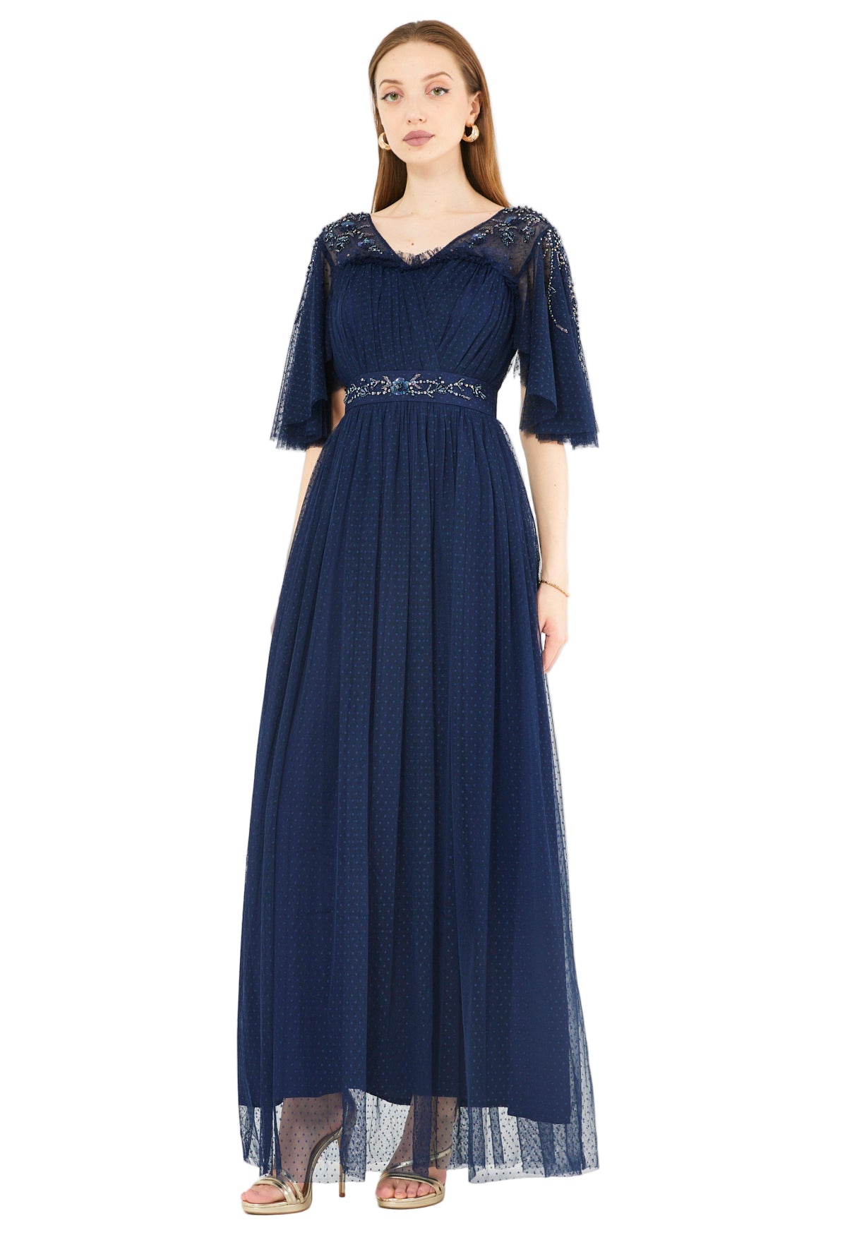 Textured Tulle Gown with Embroidered Accents