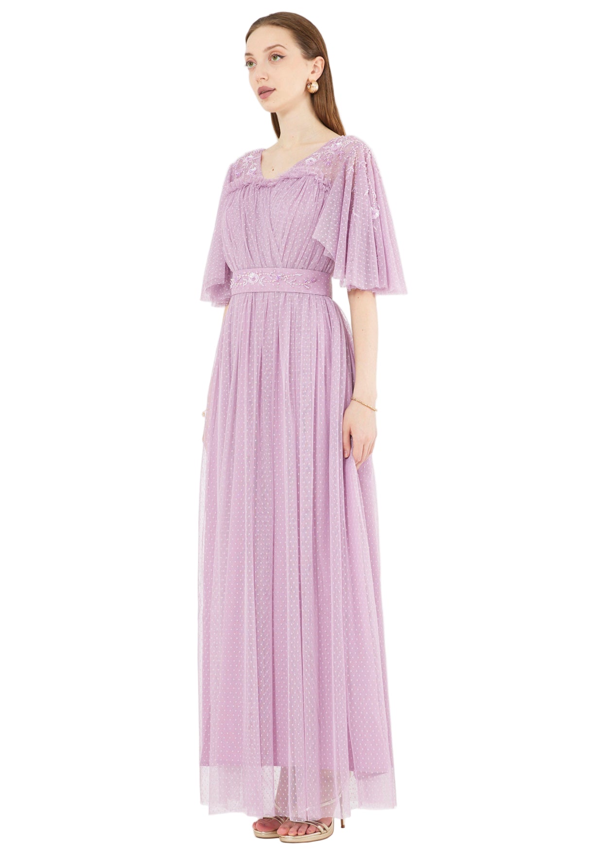 Textured Tulle Gown with Embroidered Accents