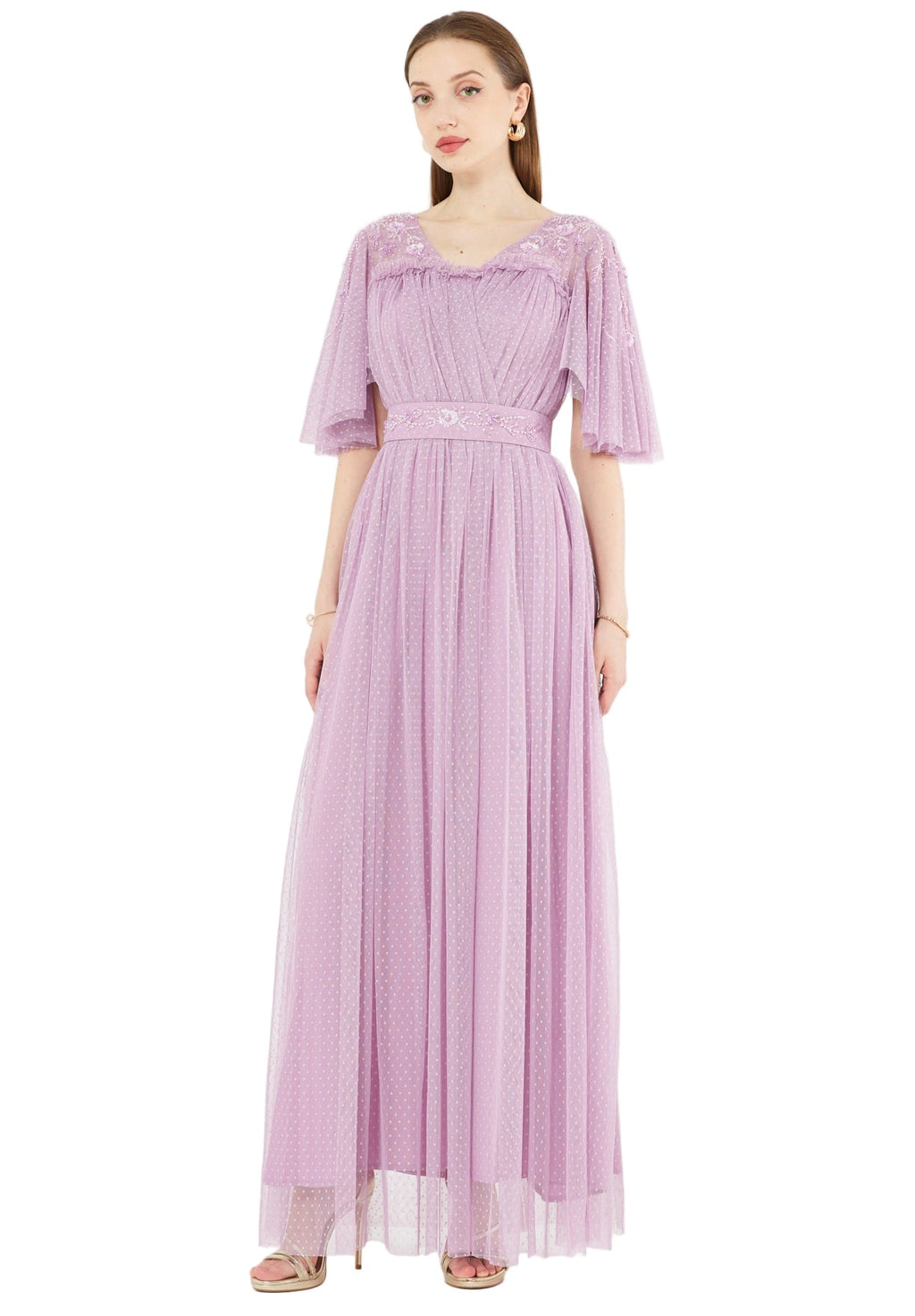 Textured Tulle Gown with Embroidered Accents