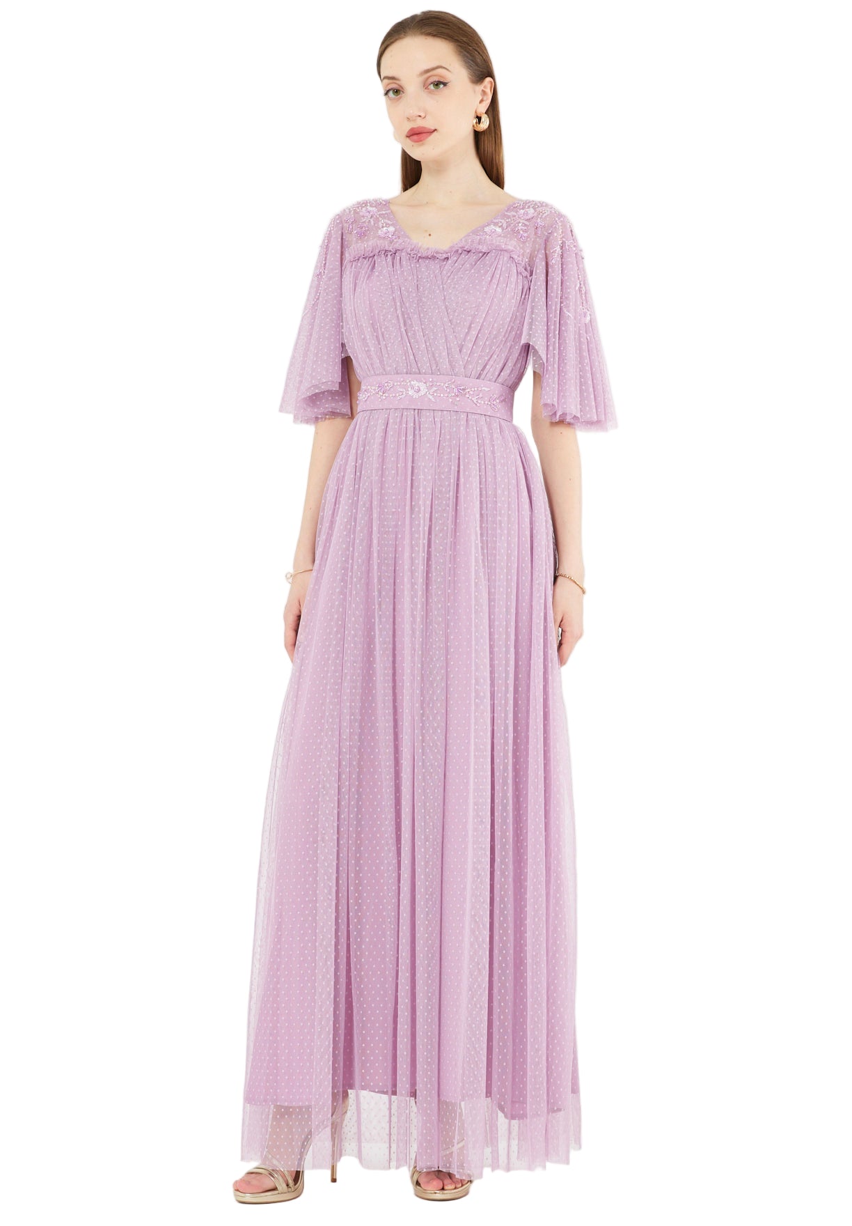 Textured Tulle Gown with Embroidered Accents