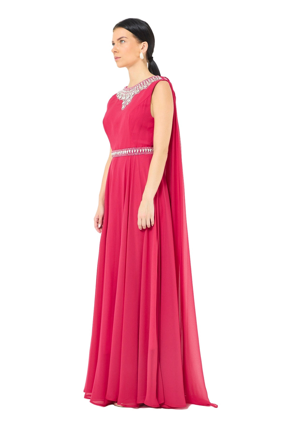 Crystal-Embellished Cape Detail Flowy Dress