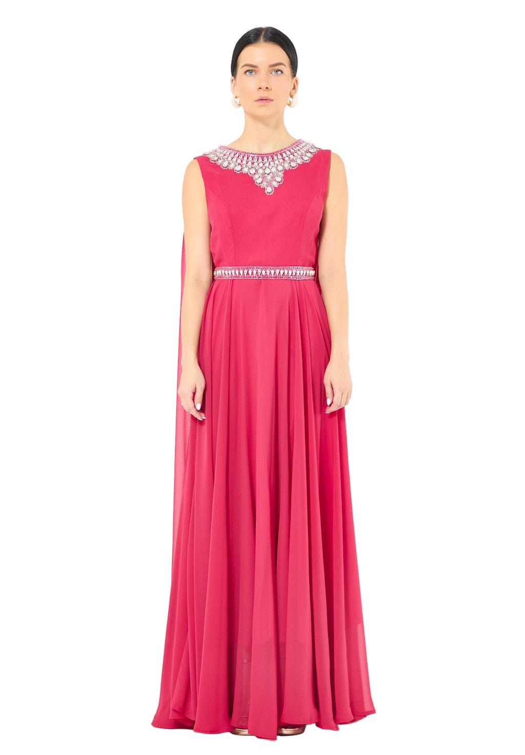 Crystal-Embellished Cape Detail Flowy Dress