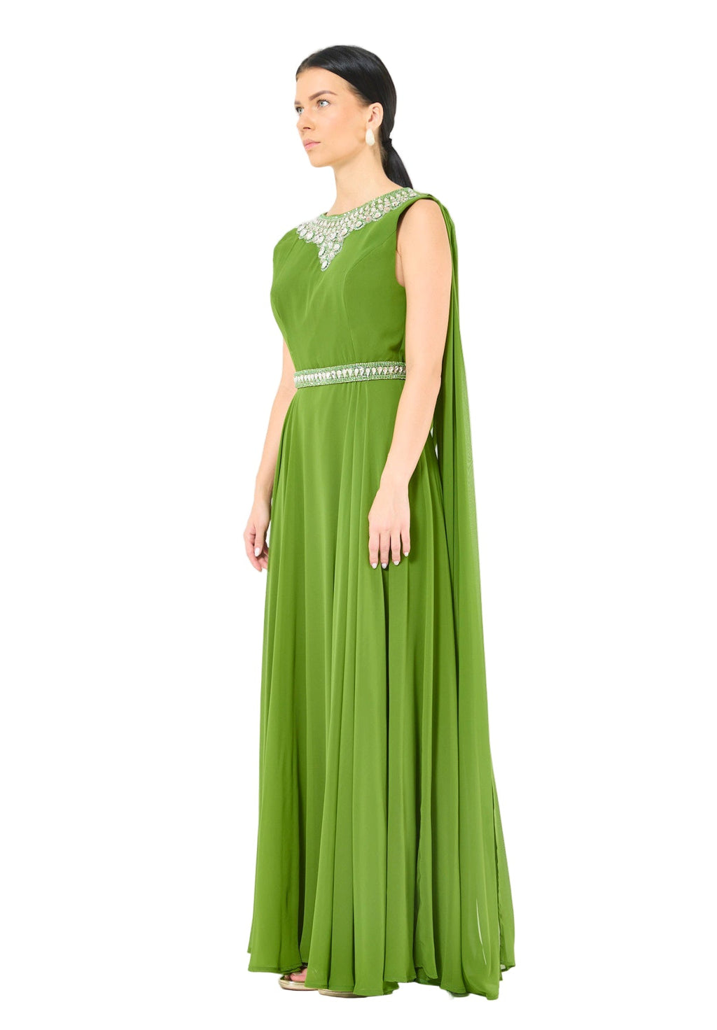 Crystal-Embellished Cape Detail Flowy Dress