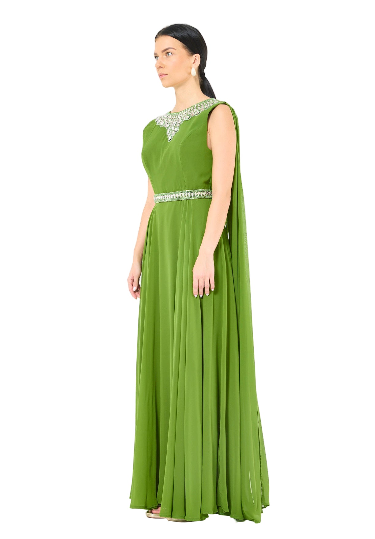 Crystal-Embellished Cape Detail Flowy Dress