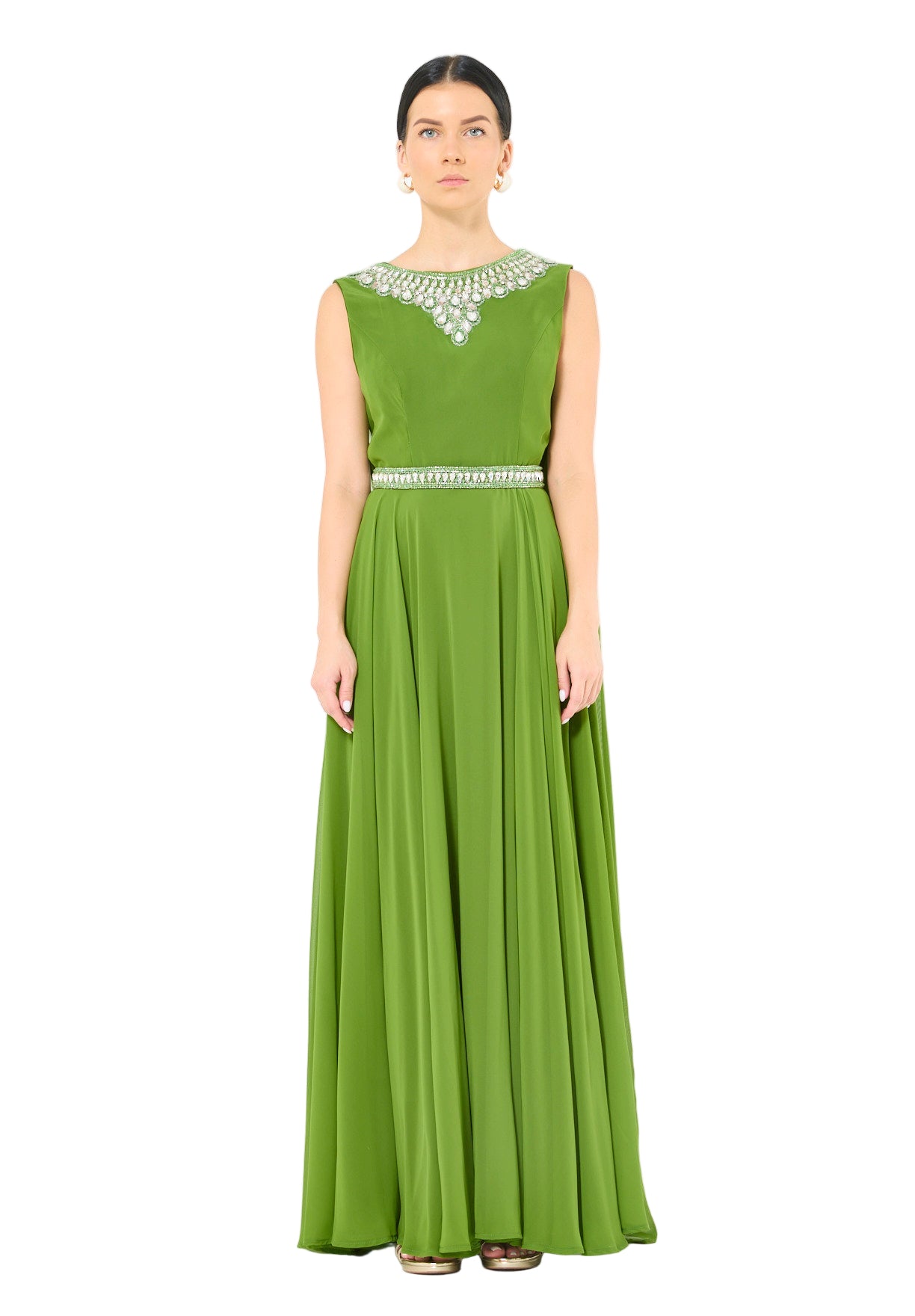 Crystal-Embellished Cape Detail Flowy Dress