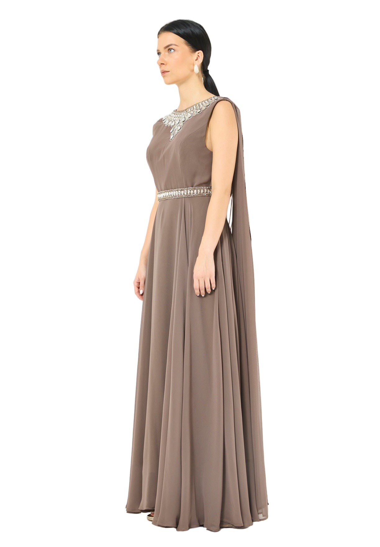 Crystal-Embellished Cape Detail Flowy Dress