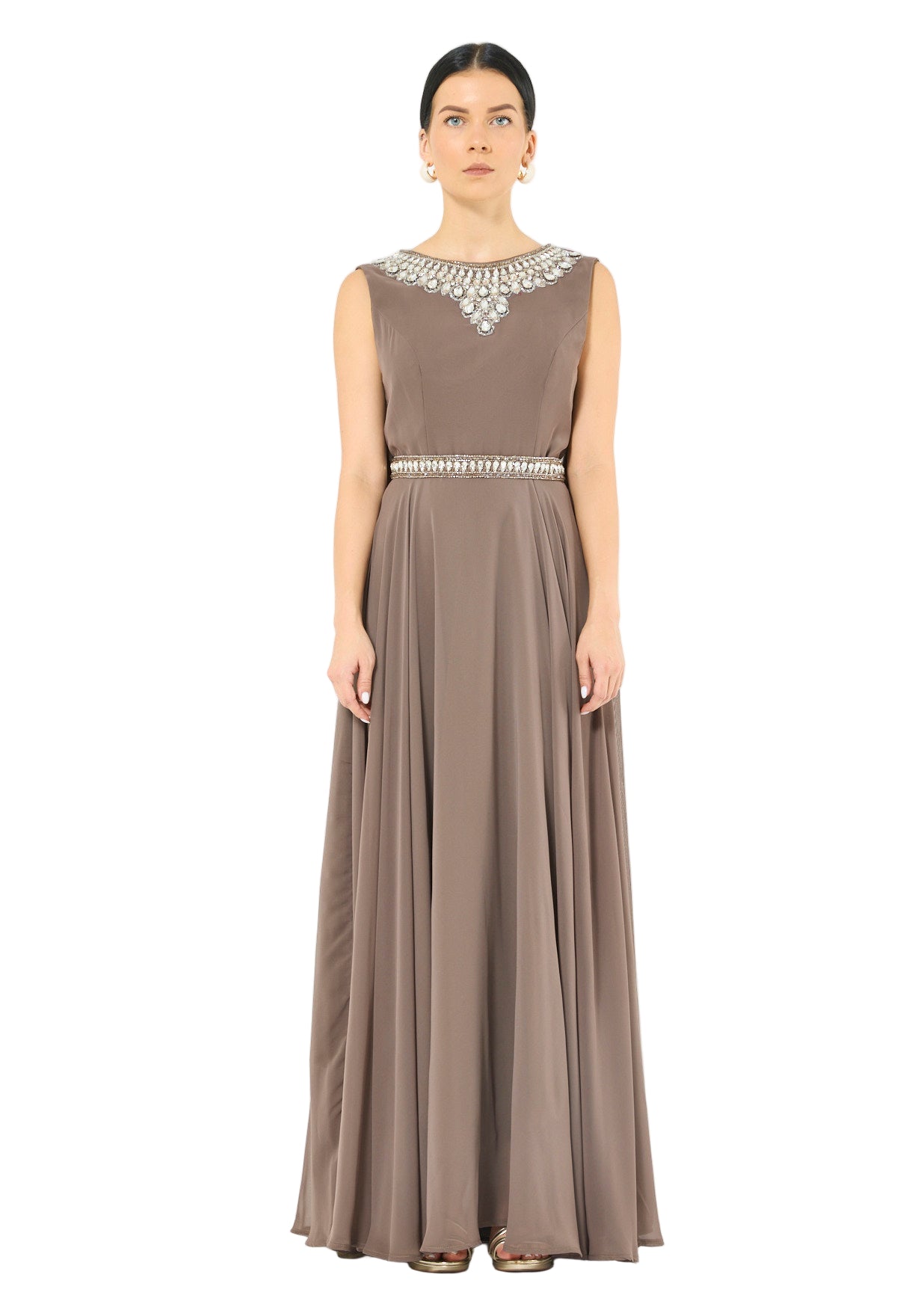 Crystal-Embellished Cape Detail Flowy Dress