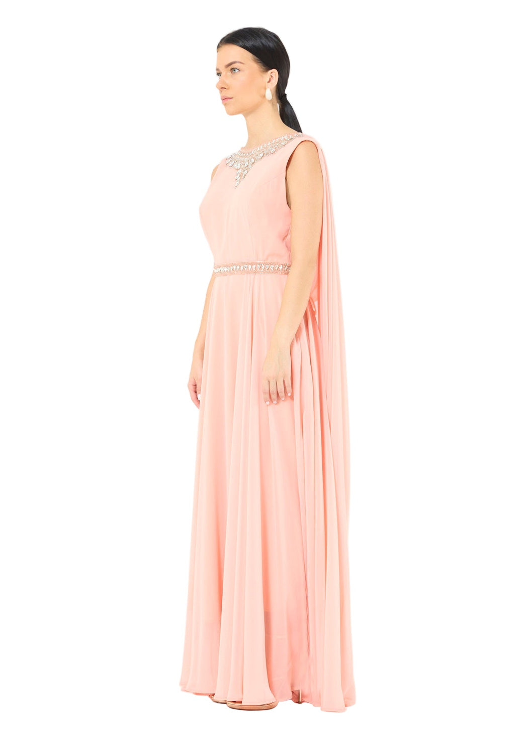 Crystal-Embellished Cape Detail Flowy Dress