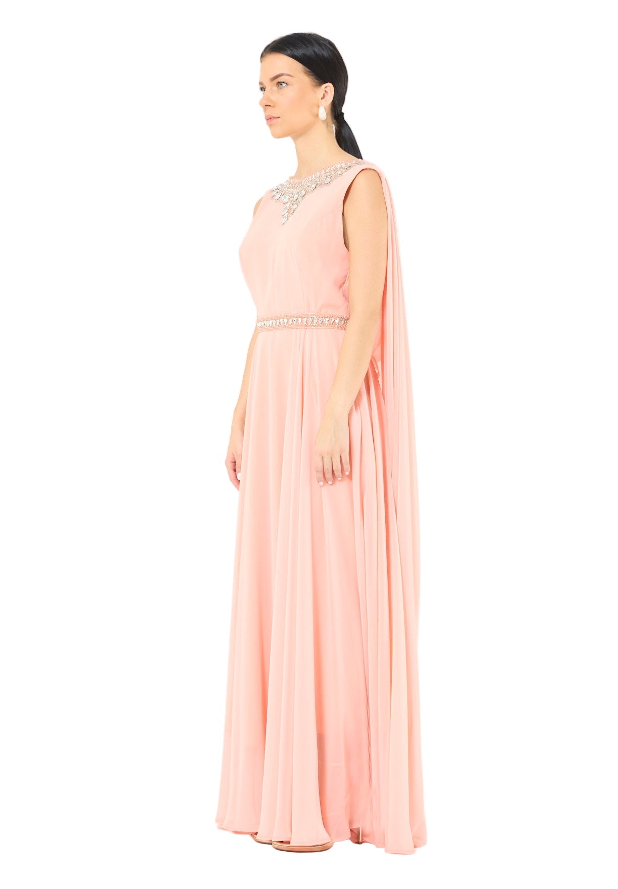 Crystal-Embellished Cape Detail Flowy Dress