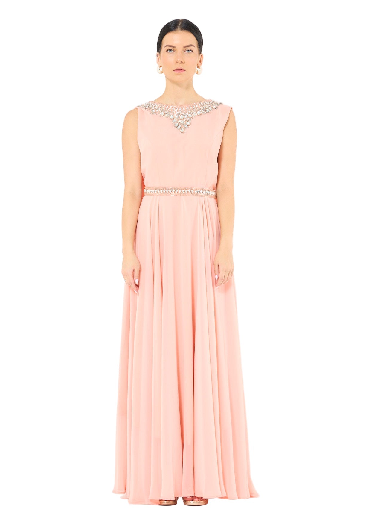 Crystal-Embellished Cape Detail Flowy Dress