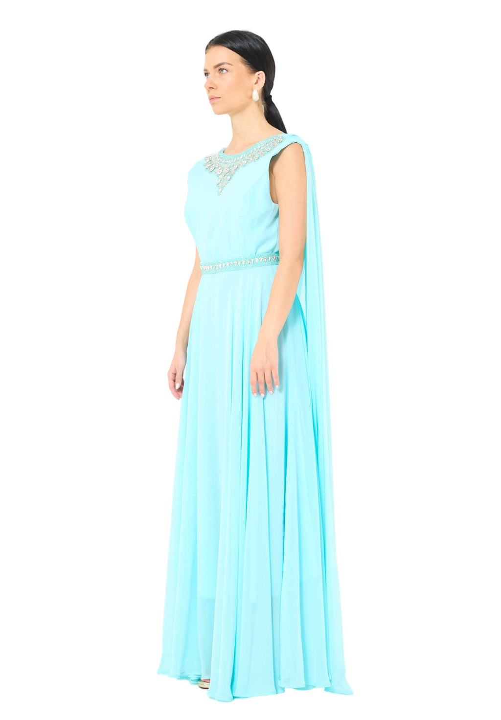 Crystal-Embellished Cape Detail Flowy Dress