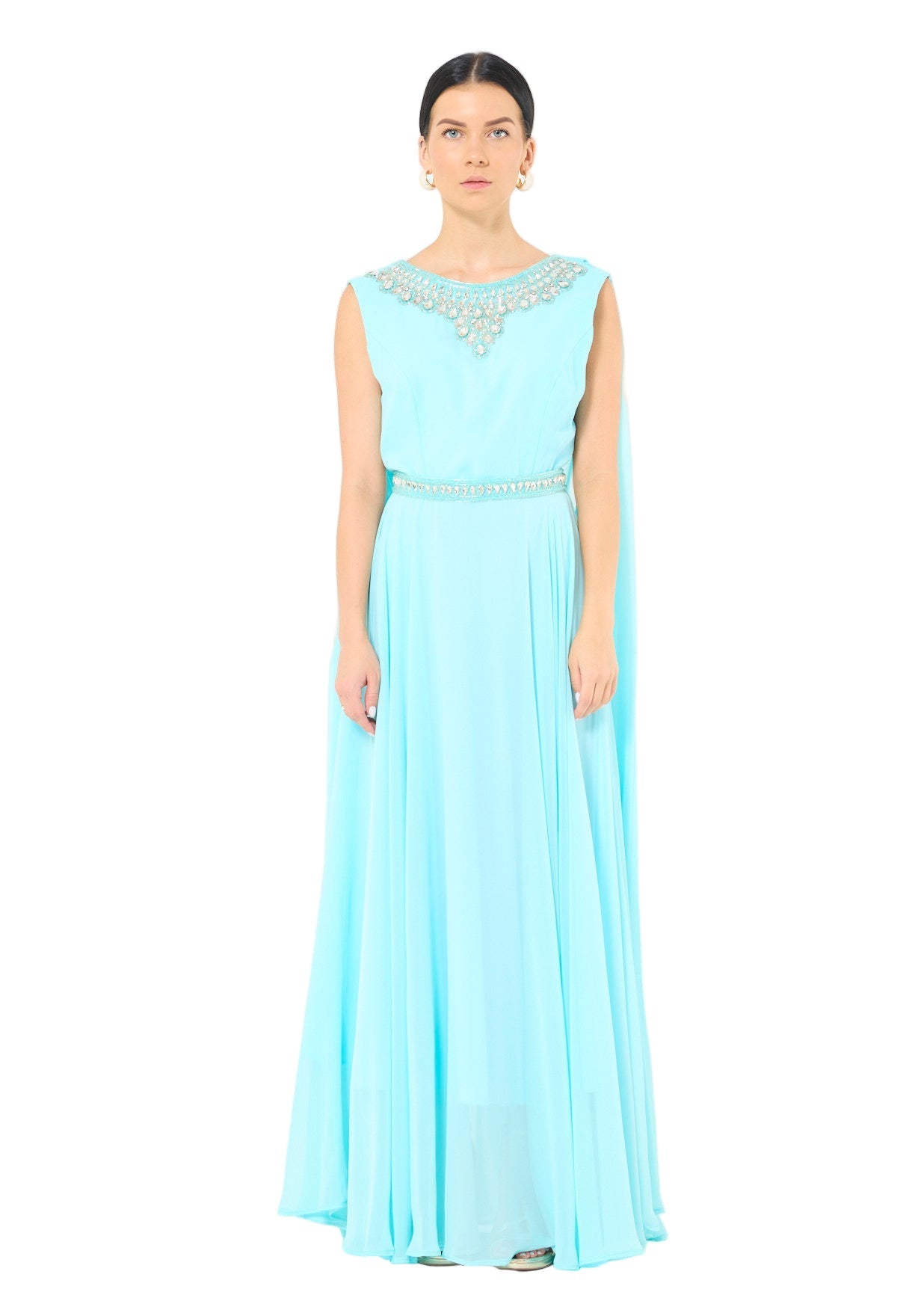 Crystal-Embellished Cape Detail Flowy Dress