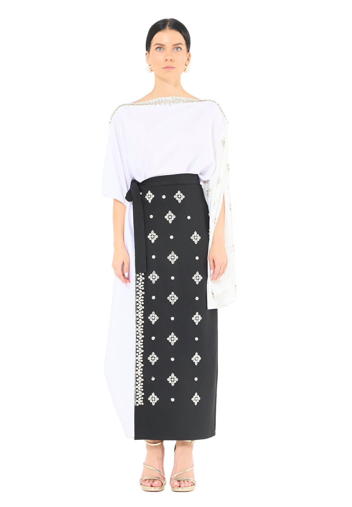 Statement Kaftan Dress with Embellished Overlay Skirt