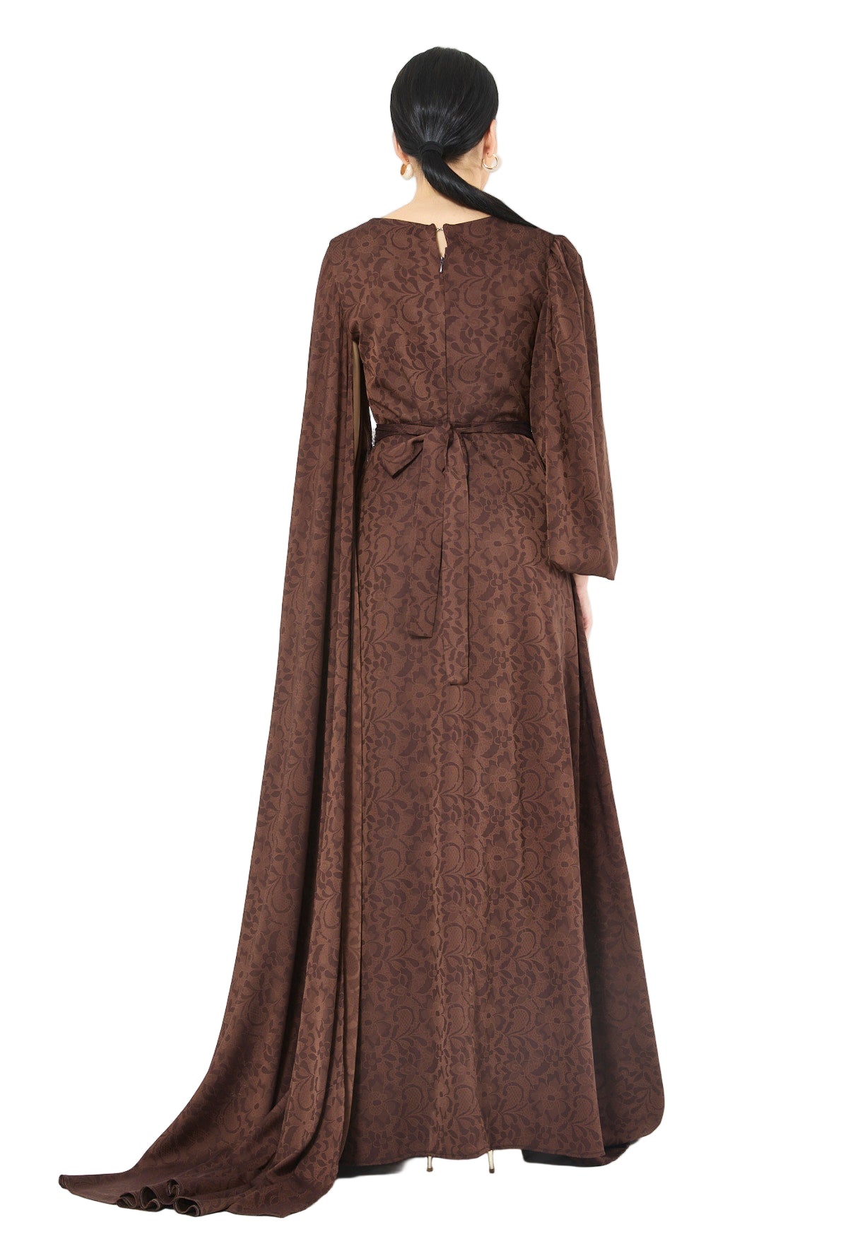 Jacquard Cape-Sleeve Gown with Embellished Belt