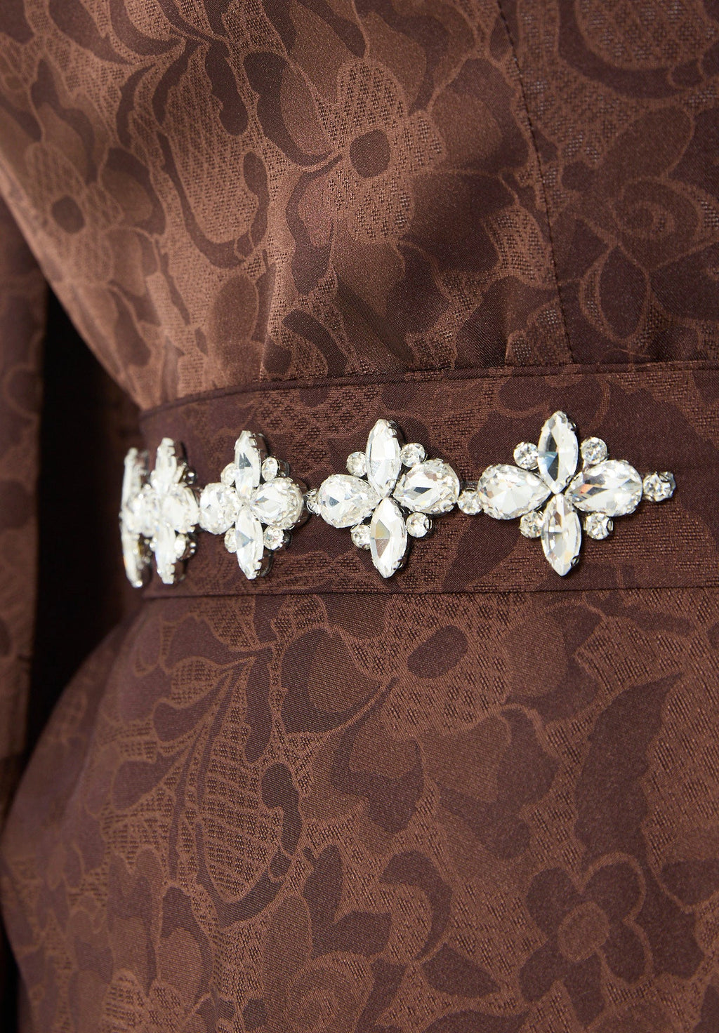 Jacquard Cape-Sleeve Gown with Embellished Belt