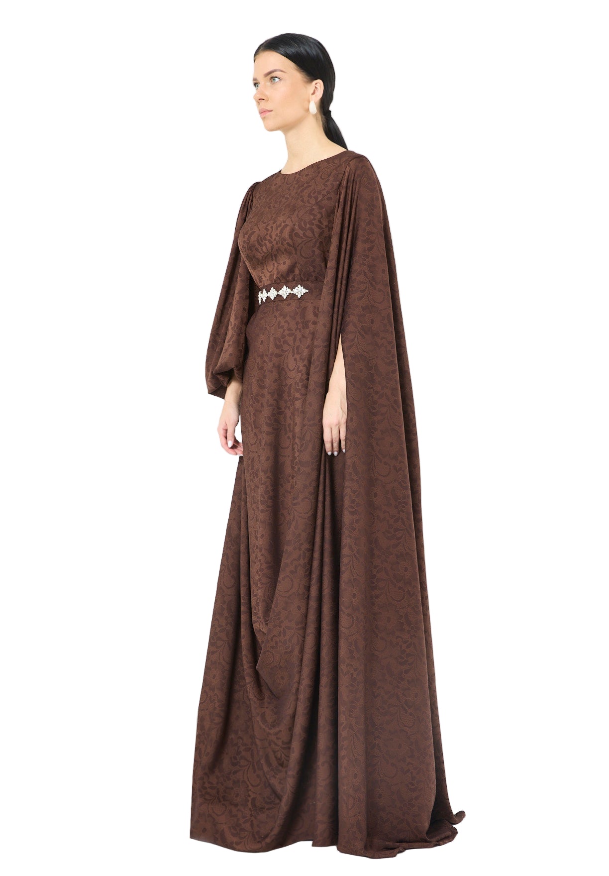 Jacquard Cape-Sleeve Gown with Embellished Belt
