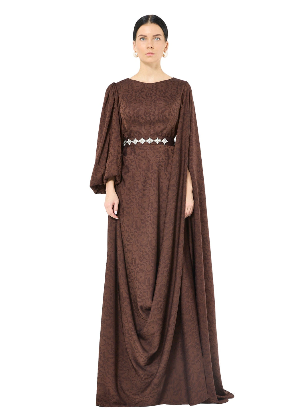 Jacquard Cape-Sleeve Gown with Embellished Belt