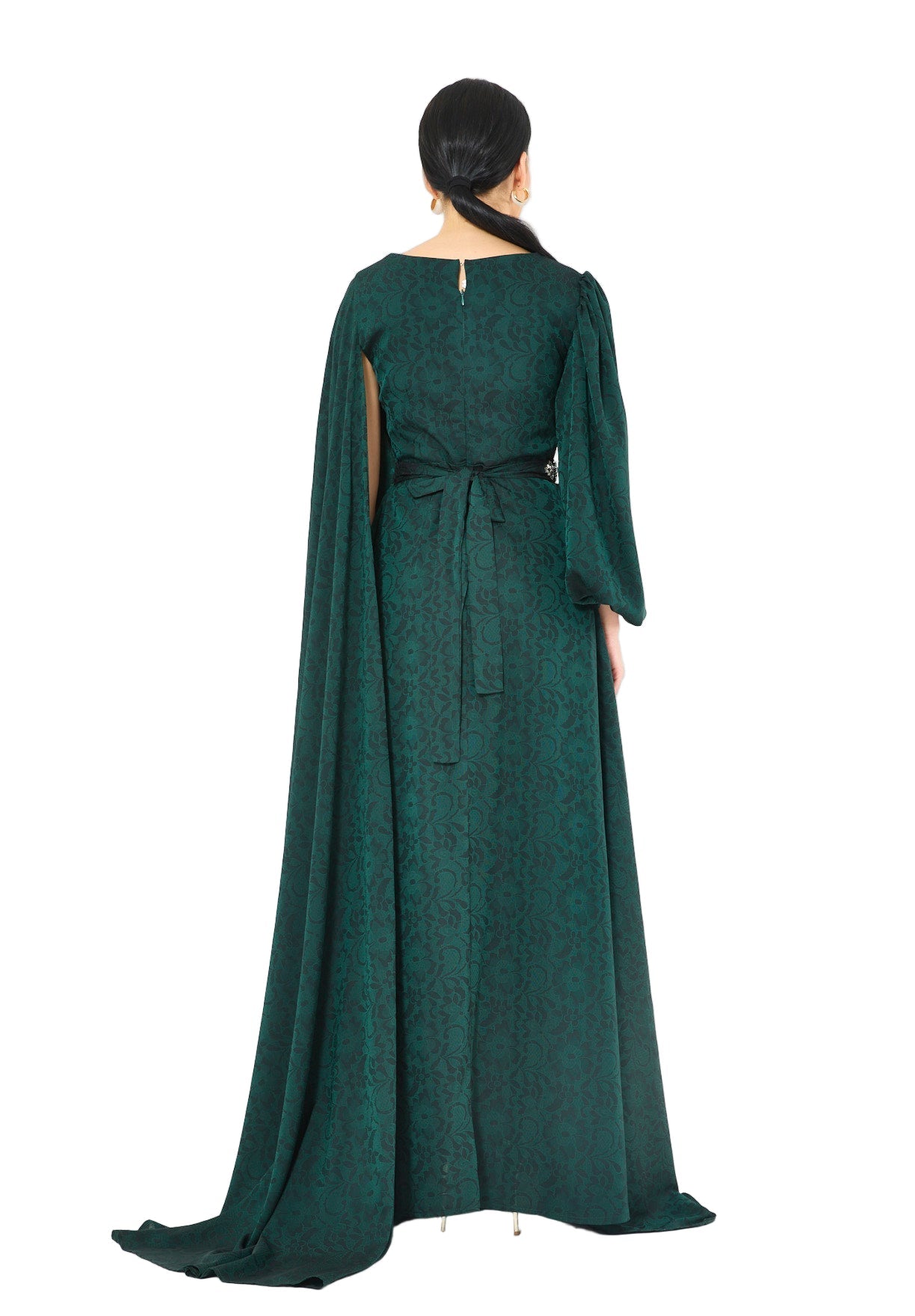 Jacquard Cape-Sleeve Gown with Embellished Belt