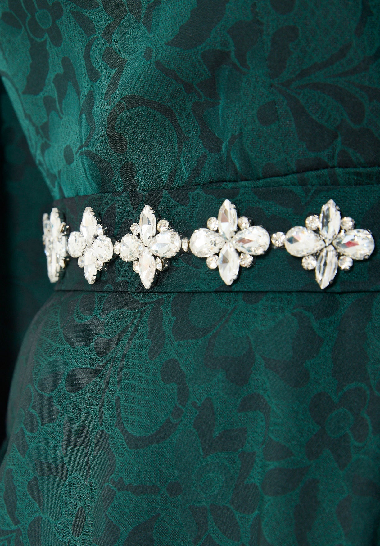 Jacquard Cape-Sleeve Gown with Embellished Belt