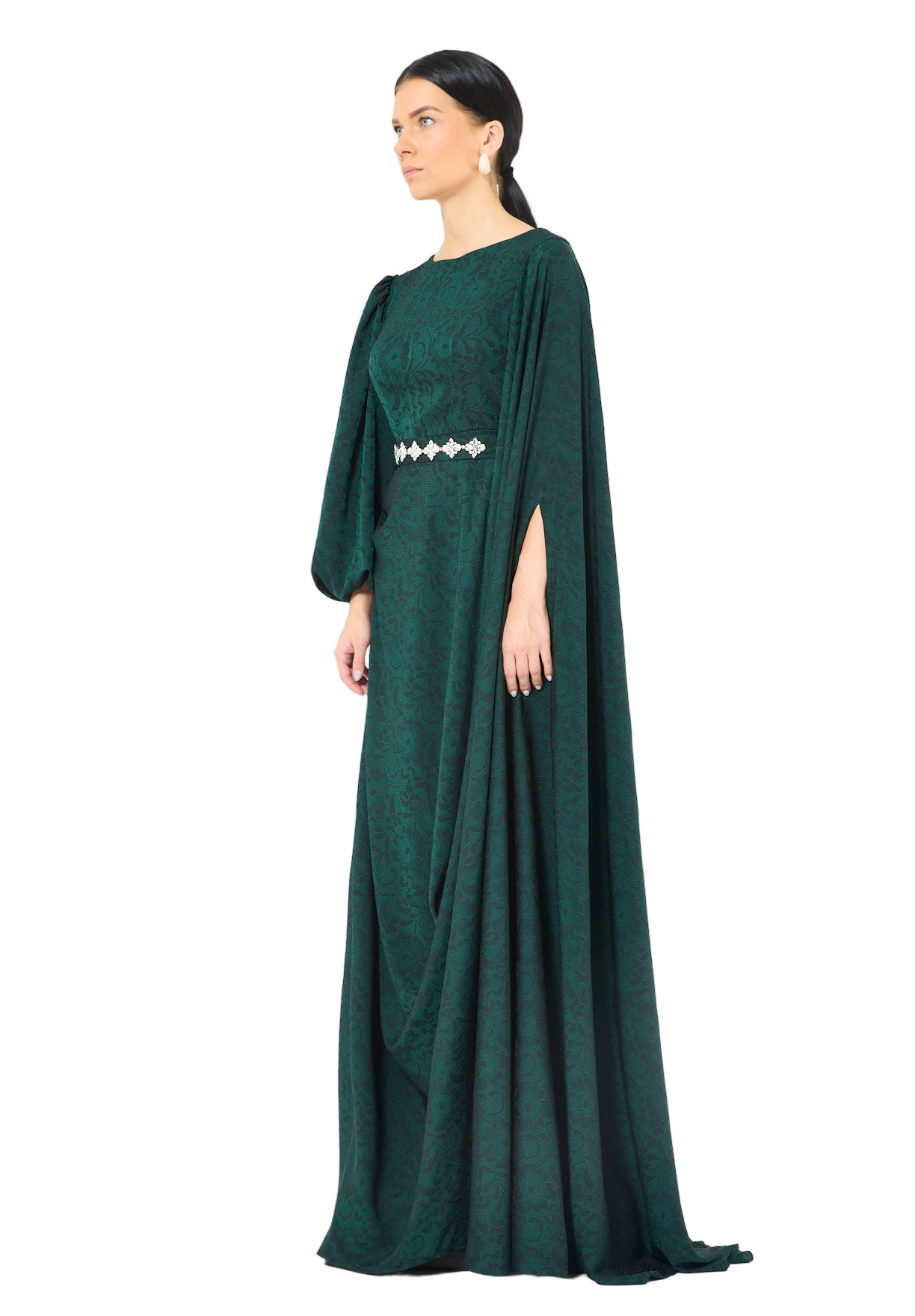 Jacquard Cape-Sleeve Gown with Embellished Belt