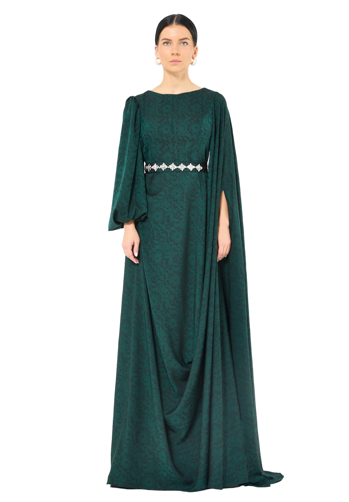 Jacquard Cape-Sleeve Gown with Embellished Belt