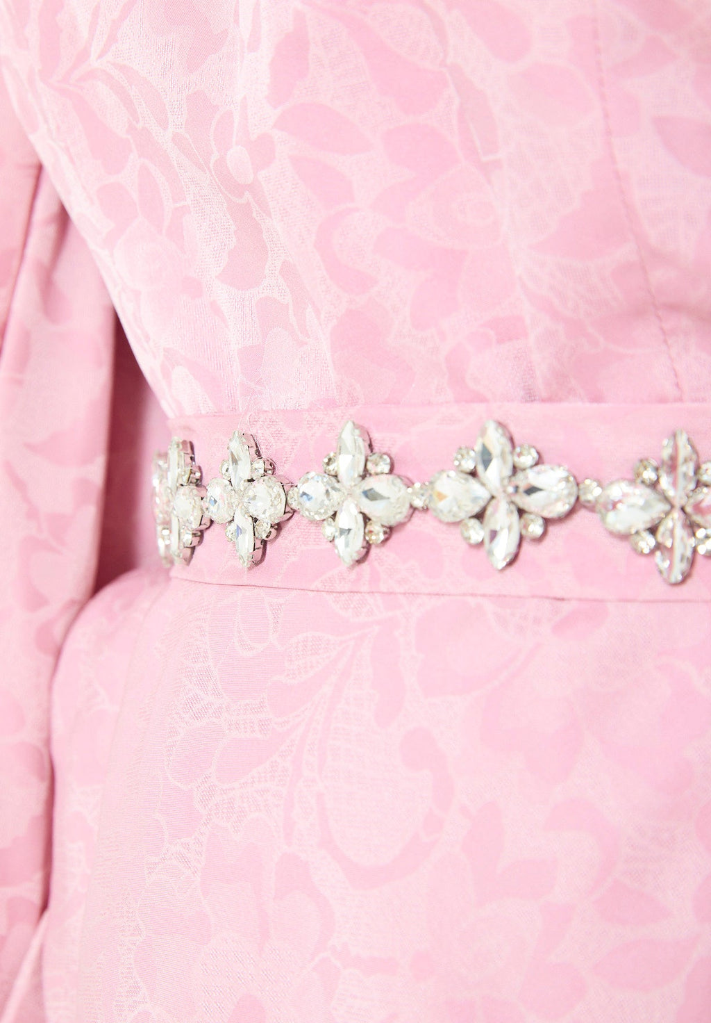 Jacquard Cape-Sleeve Gown with Embellished Belt