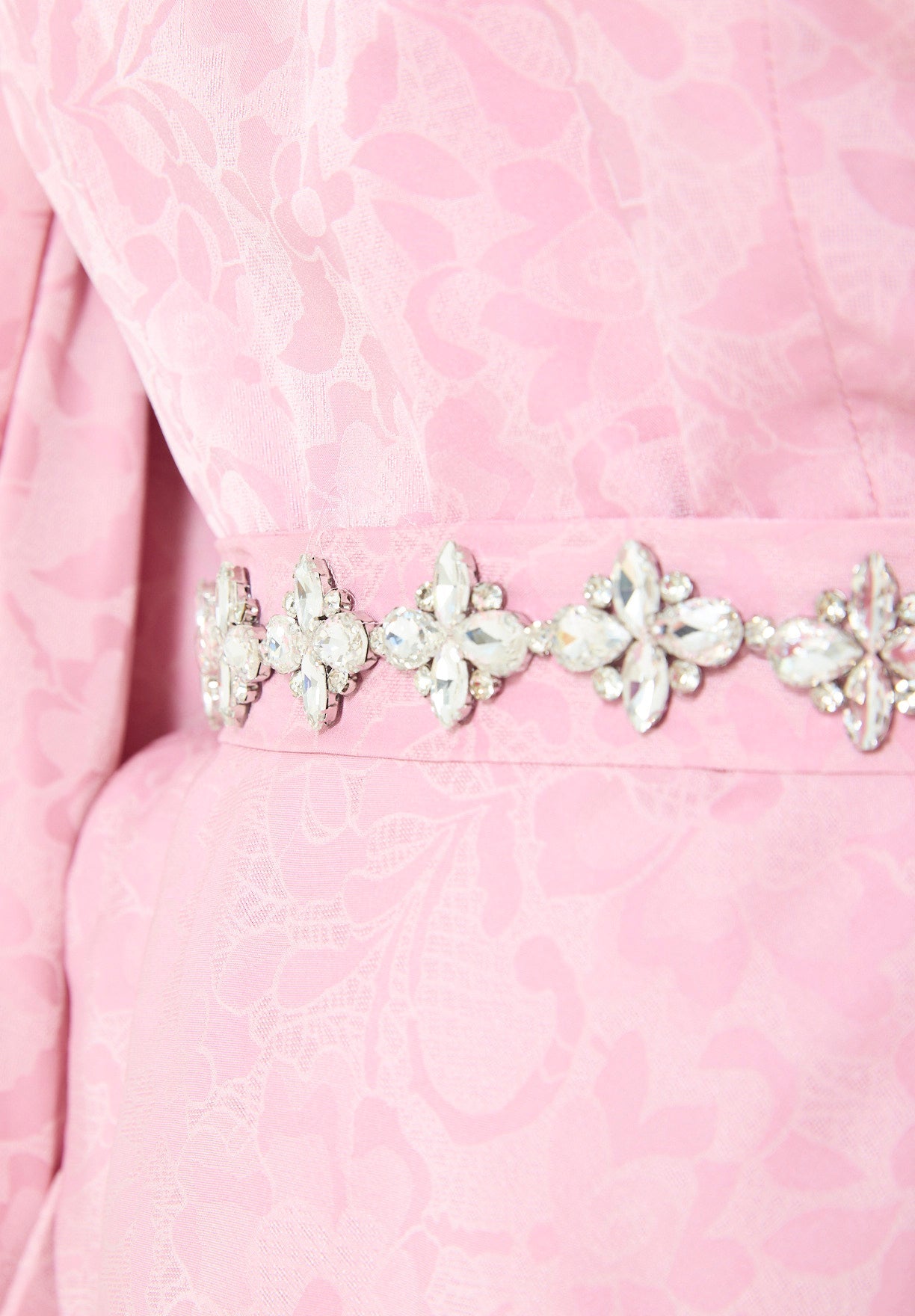 Jacquard Cape-Sleeve Gown with Embellished Belt