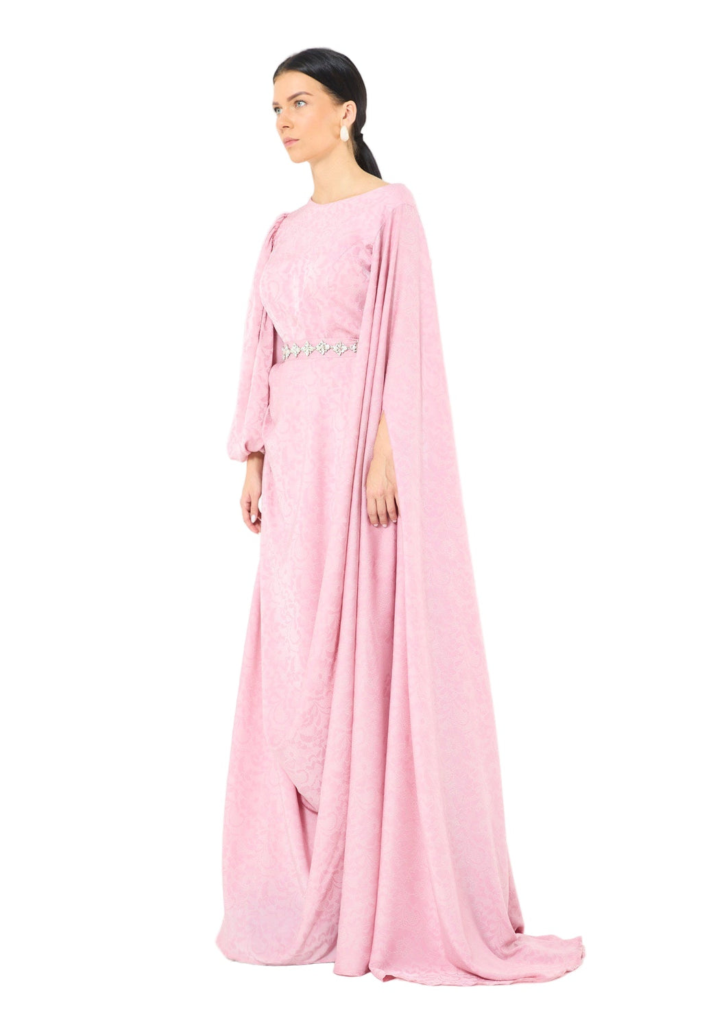 Jacquard Cape-Sleeve Gown with Embellished Belt
