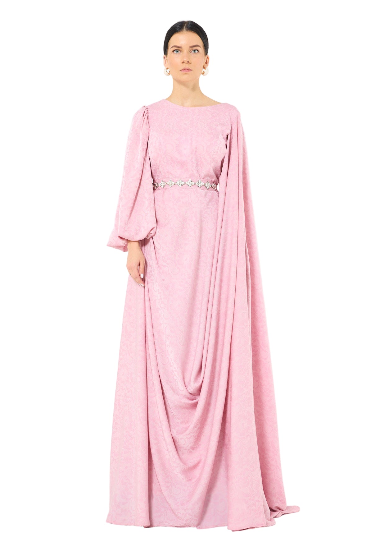 Jacquard Cape-Sleeve Gown with Embellished Belt