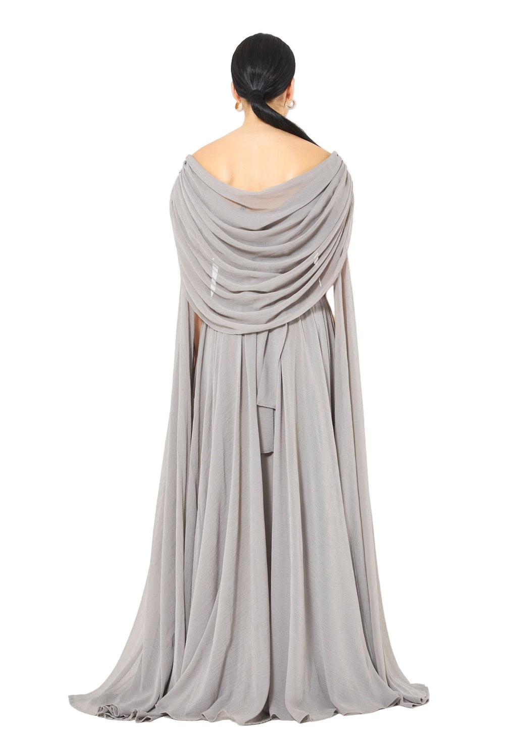 Embellished Waist-Belt Cowl Draped Evening Gown